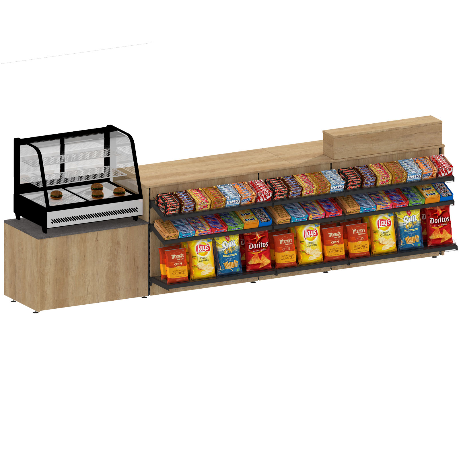 Bild von Kiosktresen mit Süßwarenvorbau, Kühlvitrinen-Stellfläche und Thekenaufsatz – Verkaufstresen für Kiosk, Tankstelle & Convenience Store