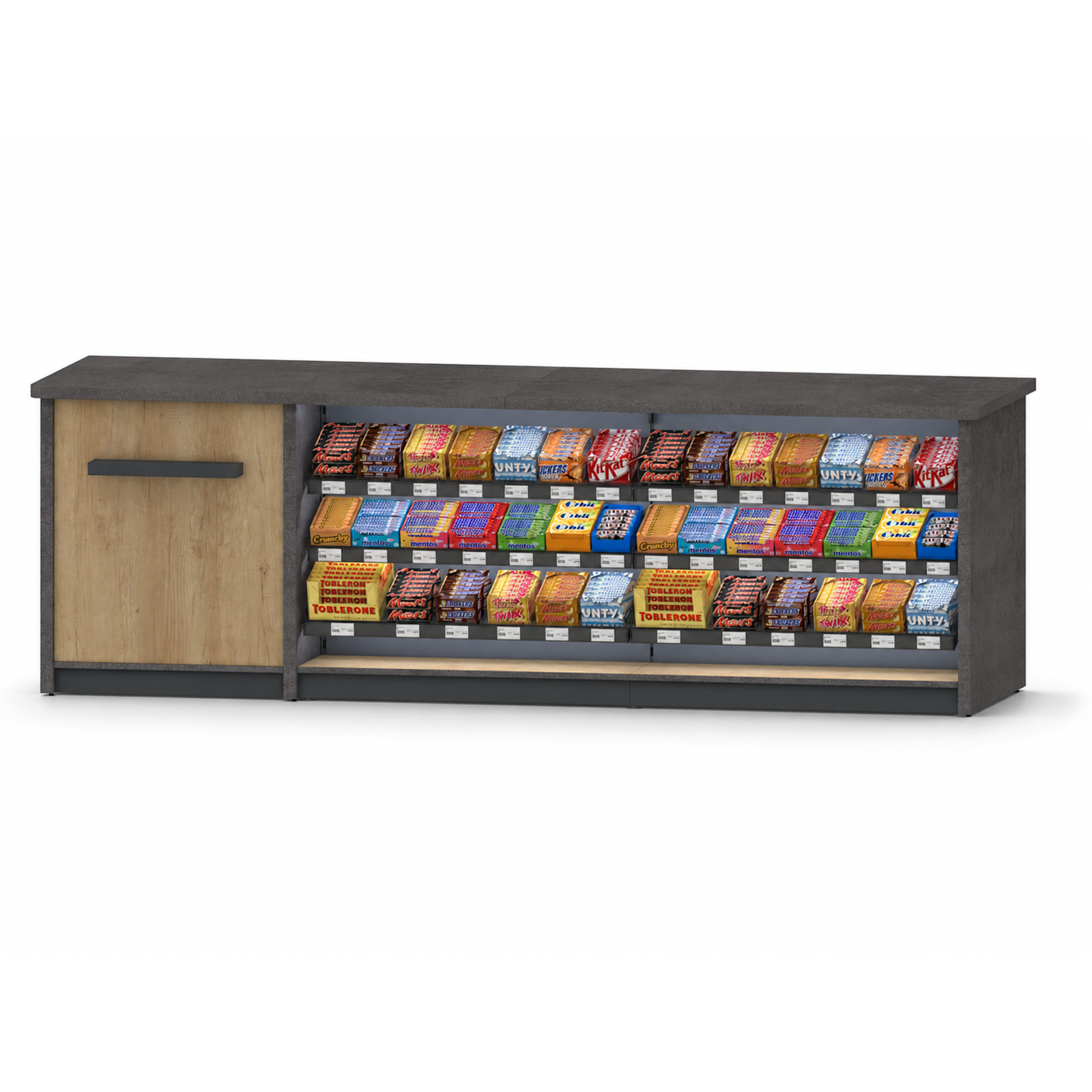 Bild von Kiosktresen mit Impulswarenregal 2900 × 840 × 933 mm – Verkaufstheke für Kiosk, Tankstelle & Convenience Store
