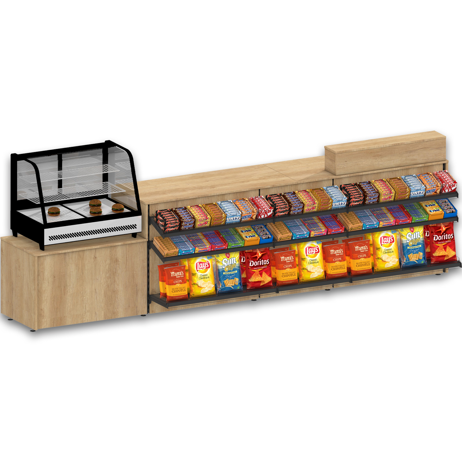 Bild von Kiosktresen mit Süßwarenvorbau, Kühlvitrinen-Stellfläche und Thekenaufsatz – Verkaufstresen für Kiosk, Tankstelle & Convenience Store