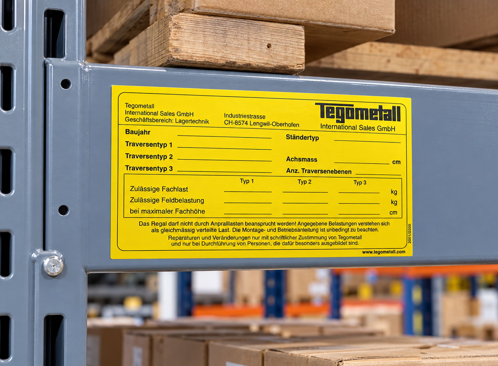 Belastungsetikett Schwerlastregale Belastungsetikett an einem Tegometall-Schwerlastregal