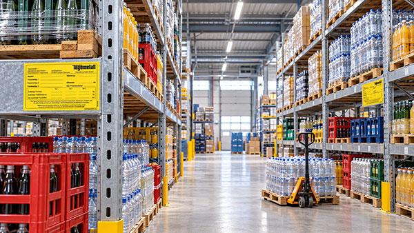 Belastungsetikett für Schwerlastregale Belastungsetikett für Schwerlastregale in einem Getränkemarkt